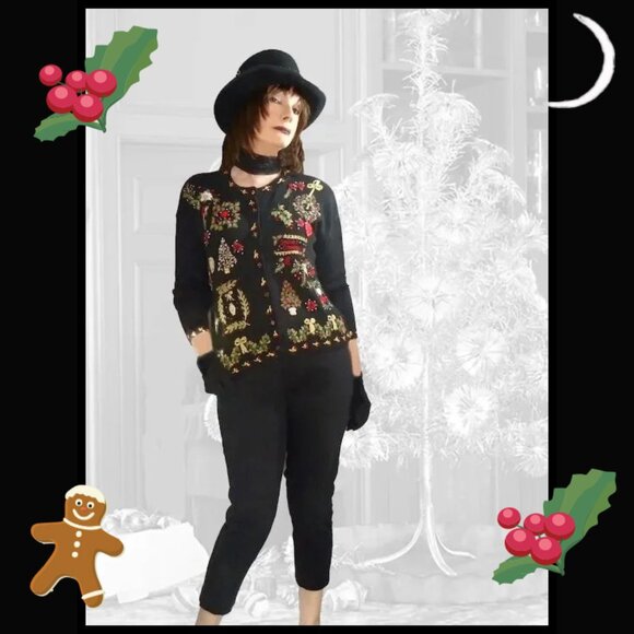 Black Christmas Sweater Lavish Ornate NOT UGLY Holiday Tiara Vintage - Picture 1 of 15